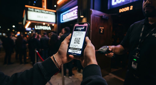 Manos mostrando un celular con entrada digital y código QR frente a la puerta del venue